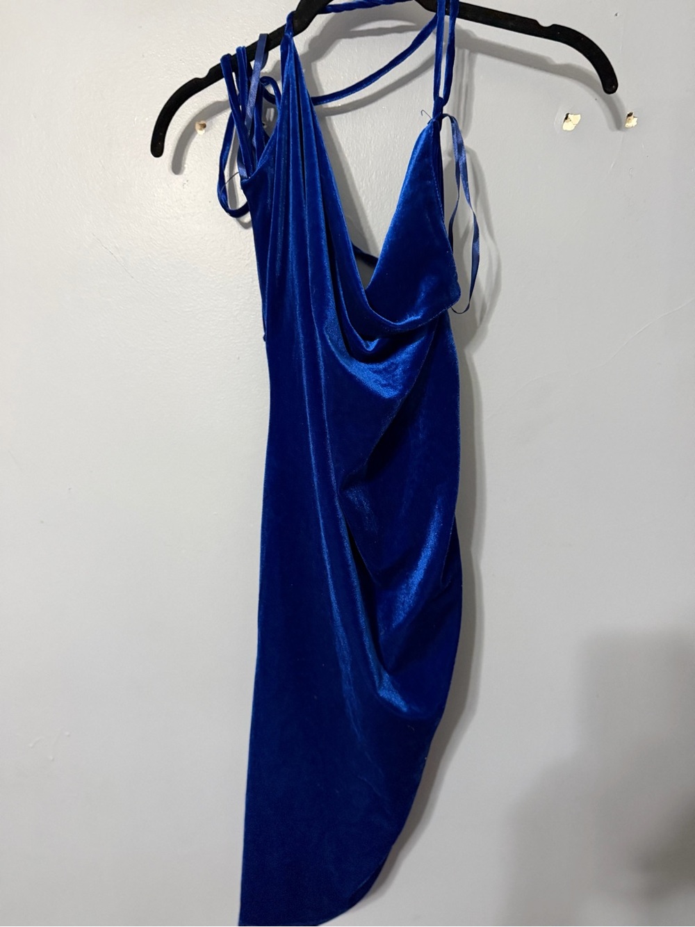 Love J Velvet Cowl Neck Ruched Mini Dress Junior XL Cobalt Blue Strappy Party NY